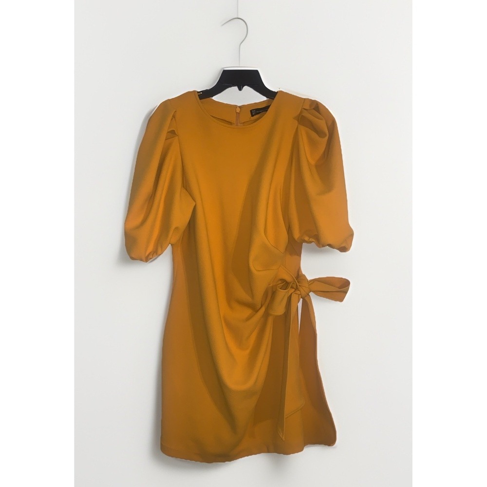 New York & Company‎ Dress XL Yellow Puff Sleeve Sheath Wrap Knee Chic Retro Boho